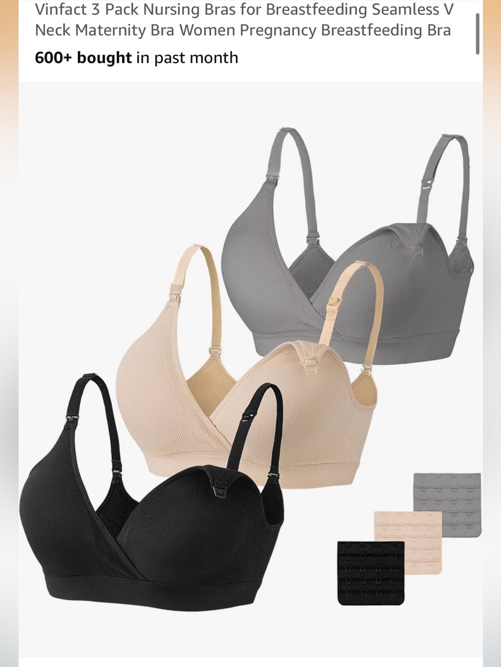 3-Pack Nursing Seamless V-Neck Maternity Bras - Black, Nude, Gray